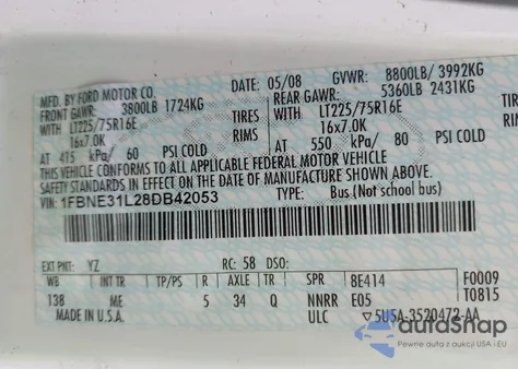 2008 Ford E-350 Super Duty Xl/Xlt from USA, damaged, VIN 1FBNE31L28DB42053